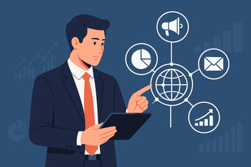 Digital marketing concept. Businessman with tablet analyzing sales data. Global business strategy, financial growth graph, investment analytics. Network connection technology vector.