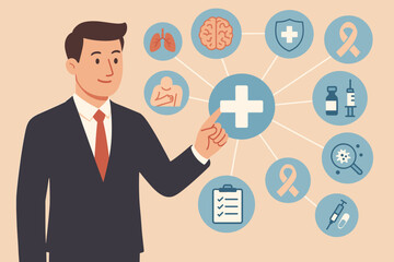 Businessman manager presenting healthcare insurance plan. Man touching virtual interface with medical icons. Digital health technology, telemedicine, patient care and checkup concept.