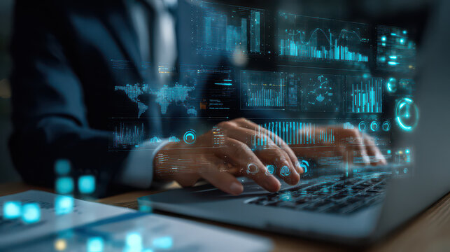 Businessman using laptop computer analyzing data digital interface