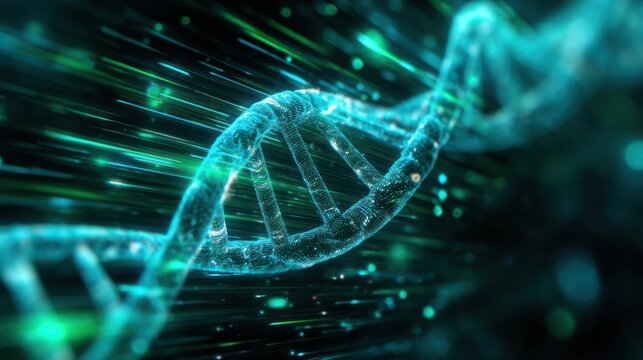 Digital rendering of a dna double helix structure with glowing particles and background.
