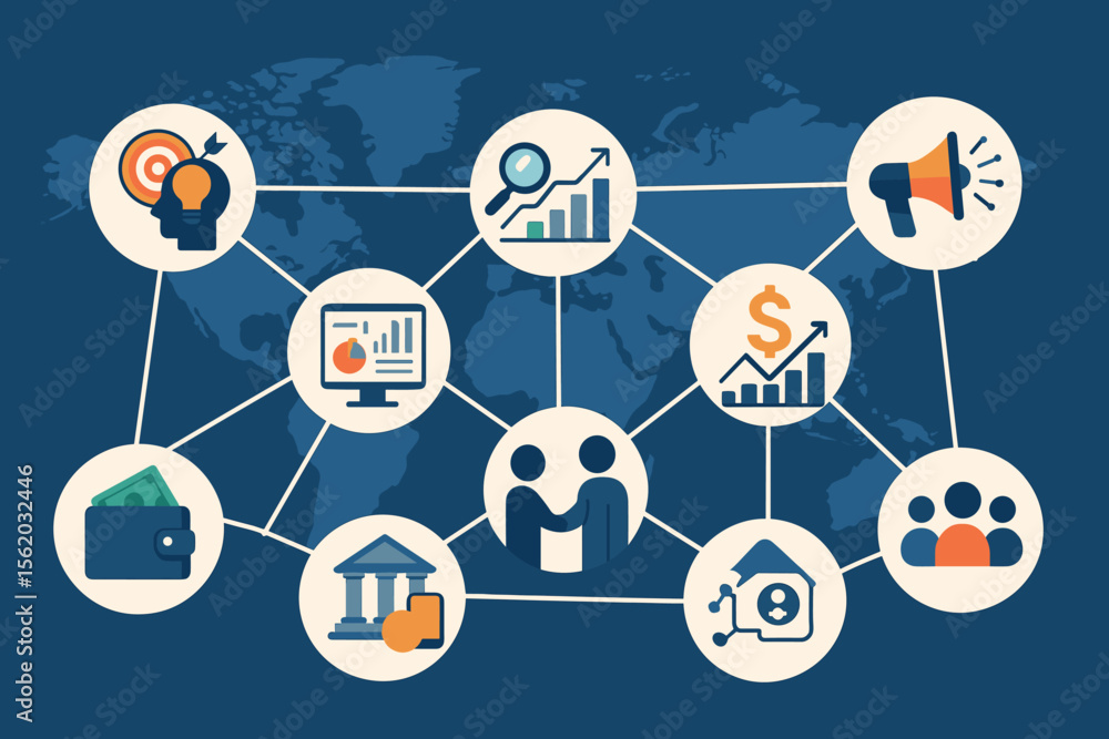 Poster global business structure and networking concept. analysis, data exchange, business connection, targ