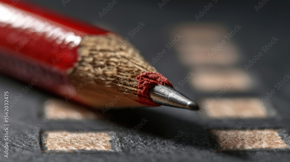 Poster close up of red pencil with sharpened tip resting on textured surface with checkboxes, symbolizing t