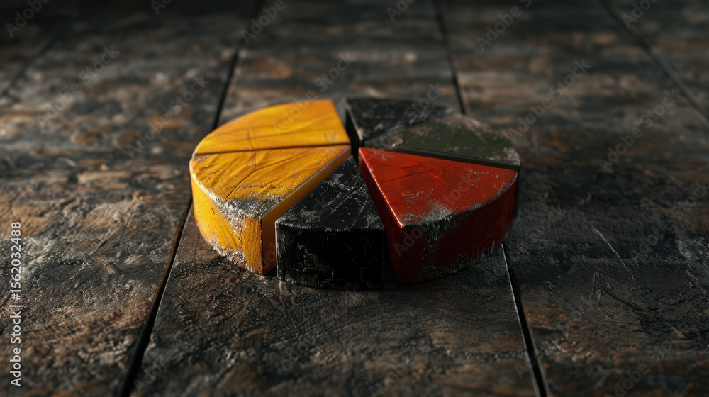 Poster colorful pie chart made of textured materials sits on rustic wooden surface, symbolizing business an