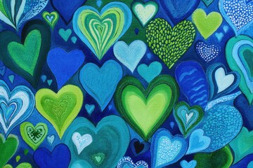 Fototapeta premium Heartfelt artwork displays diverse blue & green hearts. Symbolizing love, connection, and feelings. A visually captivating and emotive piece.