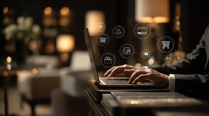 Businessman using laptop for online shopping and payment icons