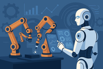 Futuristic artificial intelligence concept. A robot engineer controls automation and robotic arms in an industrial factory, monitoring data on a tablet for smart manufacturing. Industry 4.0 vector.