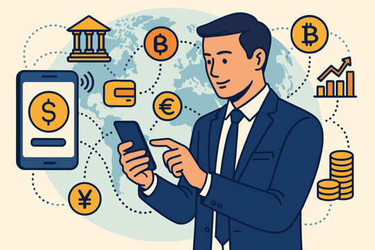Fintech concept with a businessman using a smartphone for global finance. Financial technology, mobile banking, cryptocurrency investment, and digital payment vector illustration.