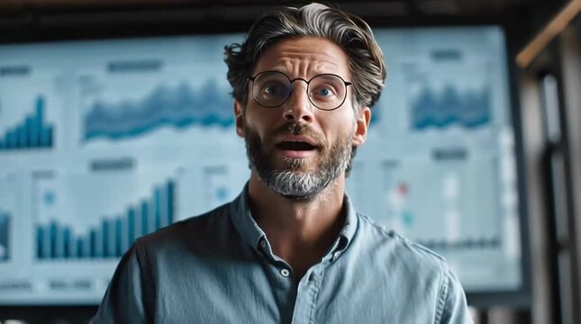 Startup founder pitching to investors in modern coworking space. Tracking shot. 4K.
