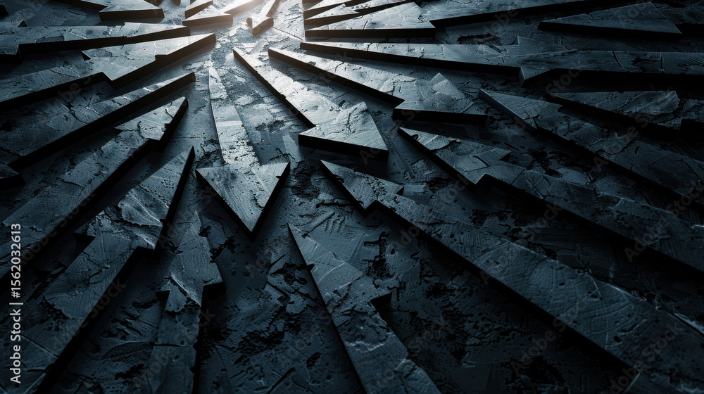 Poster abstract arrows forming circular strategy model, creating dynamic visual effect with dark textures a