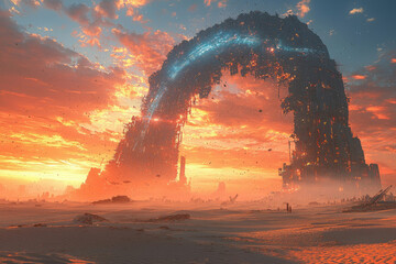 A colossal, ruined archway of a futuristic city stands in a desolate desert landscape at sunset.