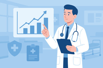 Healthcare business growth concept. Doctor with stethoscope analyzing medical data, health insurance statistics, rising graph chart, hospital management, healthcare analytics, medical examination