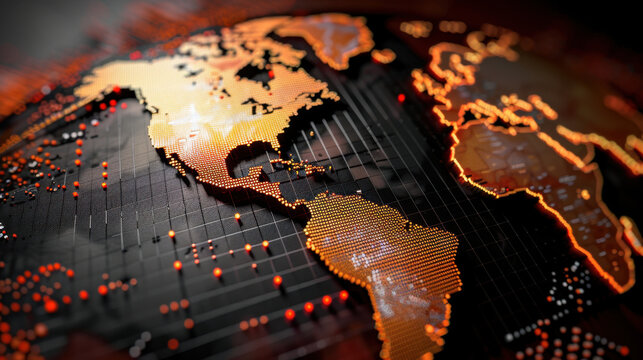 Digital world map with glowing orange dots representing data points, showcasing global connectivity and technology