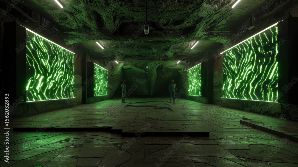 Poster futuristic room with glowing green waveforms displayed large screens, creating vibrant atmosphere. i