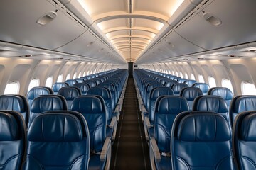 Interior view of an empty airplane cabin with rows of blue leather seats and overhead compartments illuminated by warm lighting