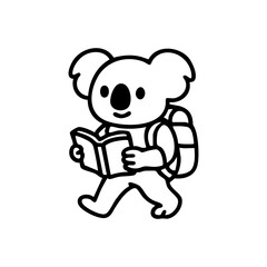 A koala with a backpack and book, in a simple line art style