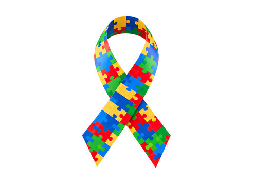 Colorful puzzle piece ribbon symbolizing autism awareness isolated on transparent background