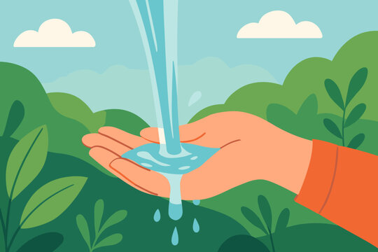Fresh clean water pouring into cupped hand outdoors, environmental conservation, nature protection, save water, eco friendly, hydration, sustainability, cartoon vector illustration