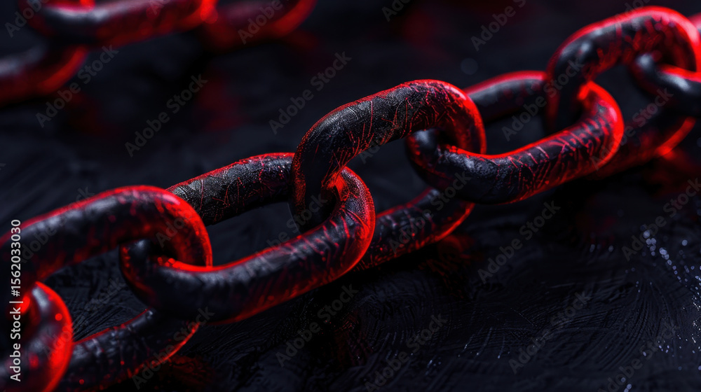 Poster close up view of metallic chain with dark, textured surface, illuminated by red light, creating dram
