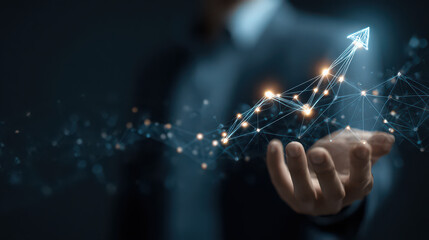 Businessman holding digital arrow growth graph, futuristic success