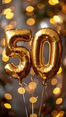 Golden 50th Birthday Balloons with Festive Lights.