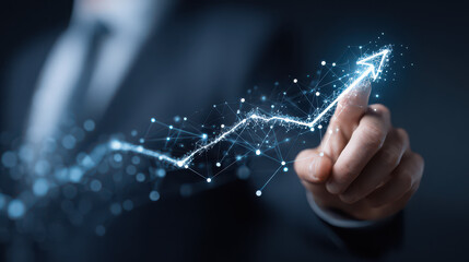Businessman pointing glowing upward arrow, digital growth concept
