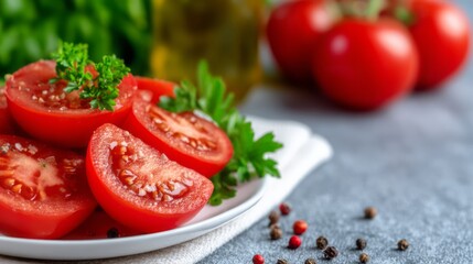 Macro top view of juicy tomato slices with herbs and olive oil on crisp white linen, rich Mediterranean feel and bold color contrast