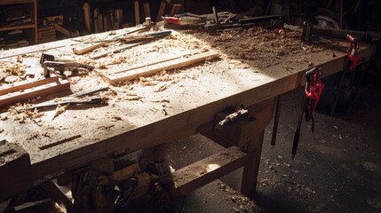 Sawdust covers the surface of a sturdy workbench filled with various carpentry tools. This workspace reflects the creative efforts of woodworking, illuminated by natural light