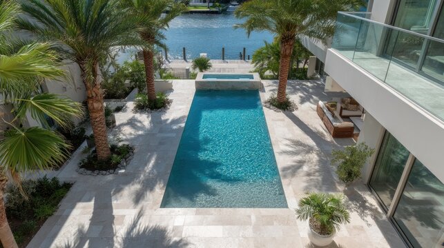 Swimming pool surrounded by palm trees and a modern building near the water.
