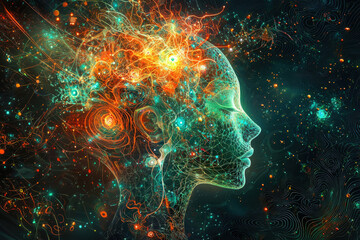 Abstract cosmic head profile, vibrant energy swirling, ethereal beauty, digital art.