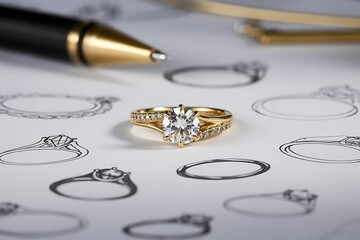 A detailed close up of a sparkling diamond engagement ring with pave diamonds rests on a table covered in ring sketches and a gold pen