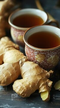 Two cups of ginger-infused turmeric tea served with fresh slices of ginger root, on a wooden table.