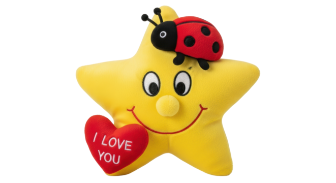 Isolated Smiling Star Plush Toy with Ladybug and Heart