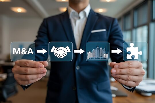 Businessman demonstrating the process of mergers and acquisitions with icons representing agreement business growth and integration into a cohesive whole