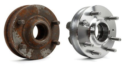 A powerful before-and-after comparison of an automotive wheel hub assembly, isolated on a clean white background