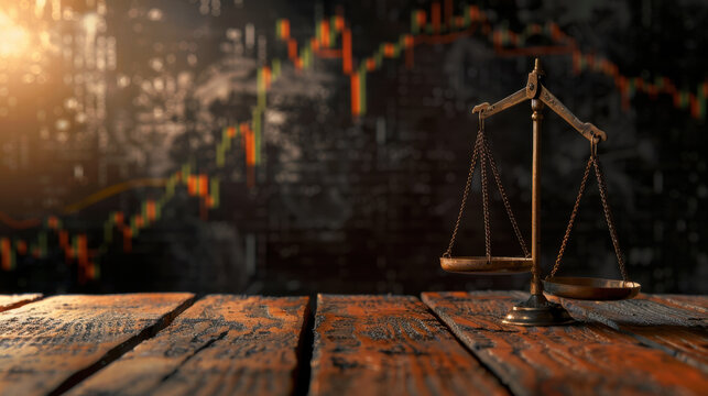 Vintage balance scale wooden table symbolizes weighing of cost and profit against backdrop of financial charts. image evokes sense of decision