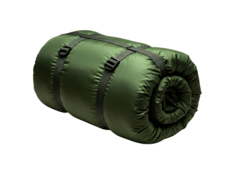 Rolled up sleeping bag with black straps isolated on transparent background