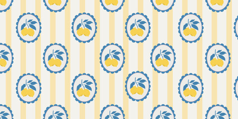 Mediterranean seamless pattern with lemon in circular frames on stripes. Vintage Italian costal print for fabric, wrapping paper, and beach decor.
