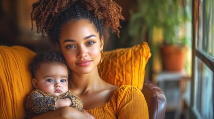 A young African woman with curly hair holds a baby in her arms. They are seated on a couch with warm, cozy lighting and plants in the background.