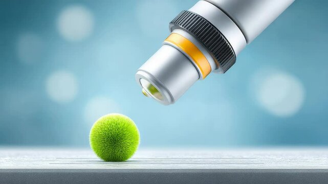 A microscope lens closely examines a fuzzy green spherical object on a smooth surface with a blue background.