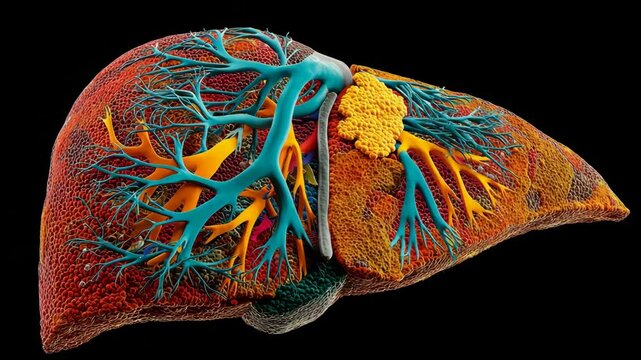 A highly detailed, colorful 3D illustration of a human liver showing internal blood vessels and tissue structure.