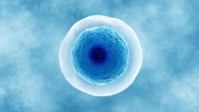A close-up illustration of a blue biological cell with a detailed membrane and nucleus, set against a soft blue background.