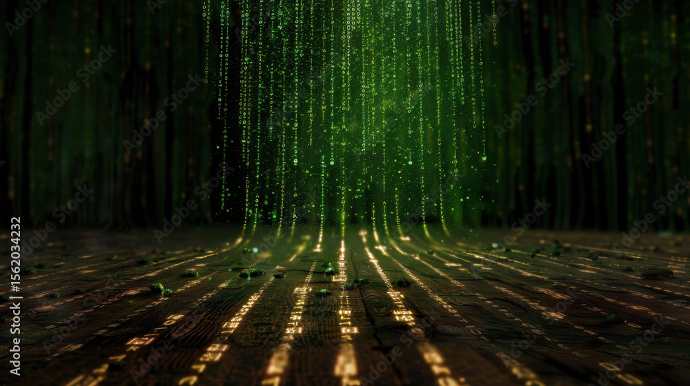 Poster digital landscape featuring cascading green data streams, resembling futuristic matrix environment, 