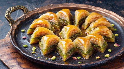 A plate of baklava, a traditional Middle Eastern dessert, arranged in a circular pattern. The pastry is golden brown, filled with nuts, and drizzled with honey.