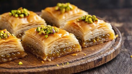 Baklava pieces arranged on a wooden platter. The dessert features layers of flaky pastry, nuts, and honey syrup, garnished with crushed pistachios.