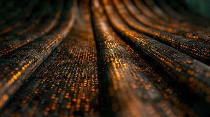 Mesmerizing data stream flows in matrix style, showcasing intelligent code patterns with vibrant orange and black colors