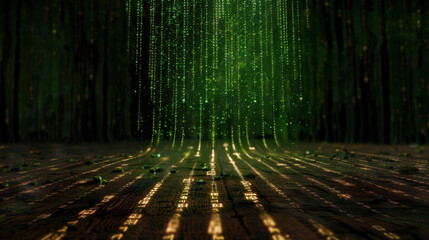 Digital landscape featuring cascading green data streams, resembling futuristic matrix environment, evokes sense of advanced technology
