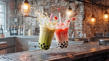 Two colorful bubble tea drinks with splashes, one green matcha and one red strawberry, placed on a rustic wooden bar in a cozy cafe setting.