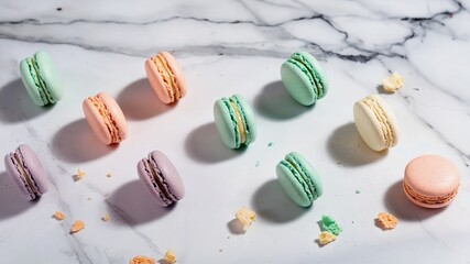 Colorful macarons arranged on a marble surface. The macarons are in pastel colors including pink, green, yellow, and purple. Some crumbs are scattered around.