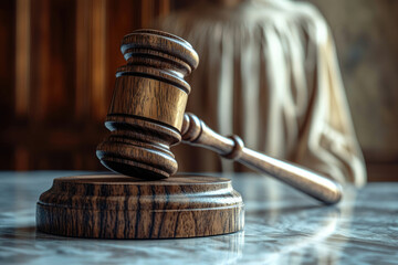 A wooden judge's gavel rests on a stand, symbolizing justice and legal proceedings.