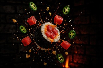 Sushi roll with tuna, jalapeño slices, and flying ingredients on a dark background. The scene captures a dynamic food presentation.